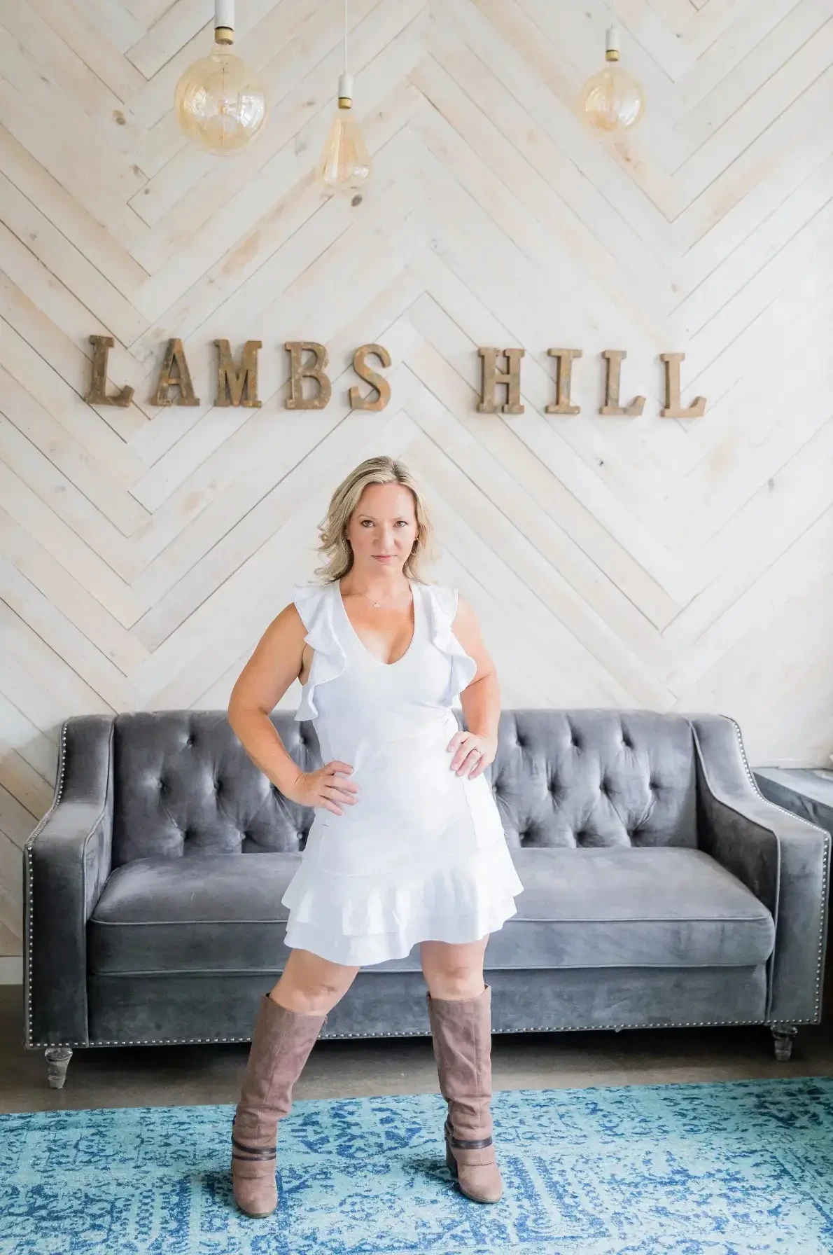 image shows Charlotte Guernsey, owner of lambs hill bridal boutique