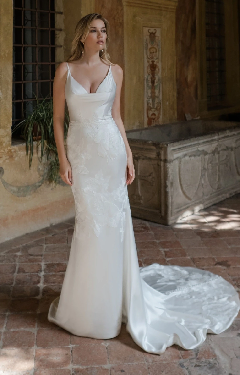 Model wearing a white Madison James gown
