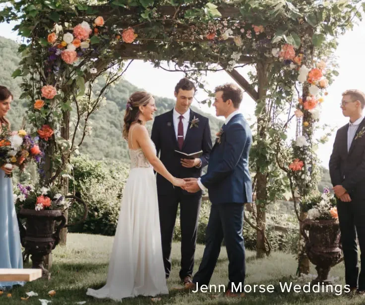 A couple exchanging vows during a wedding ceremony under a floral arch, surrounded by guests.