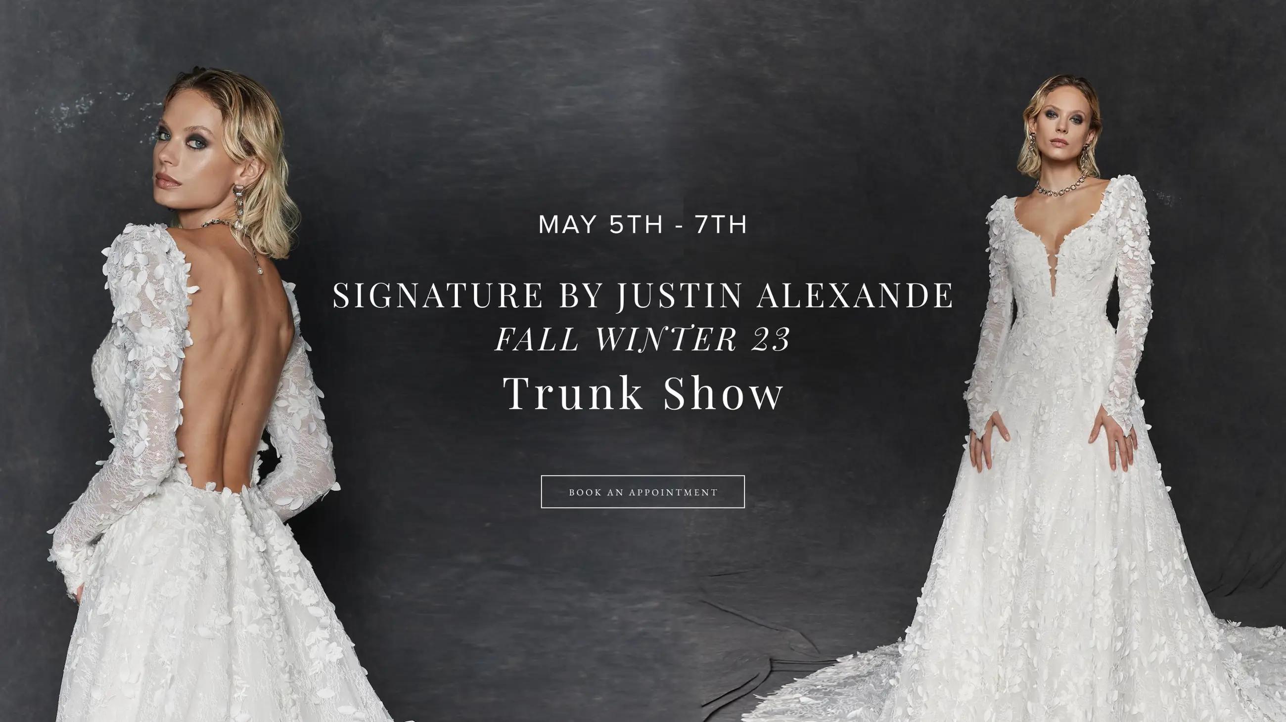 "Signature by Justin Alexander Fall Winter 23 Trunk Show" banner for desktop