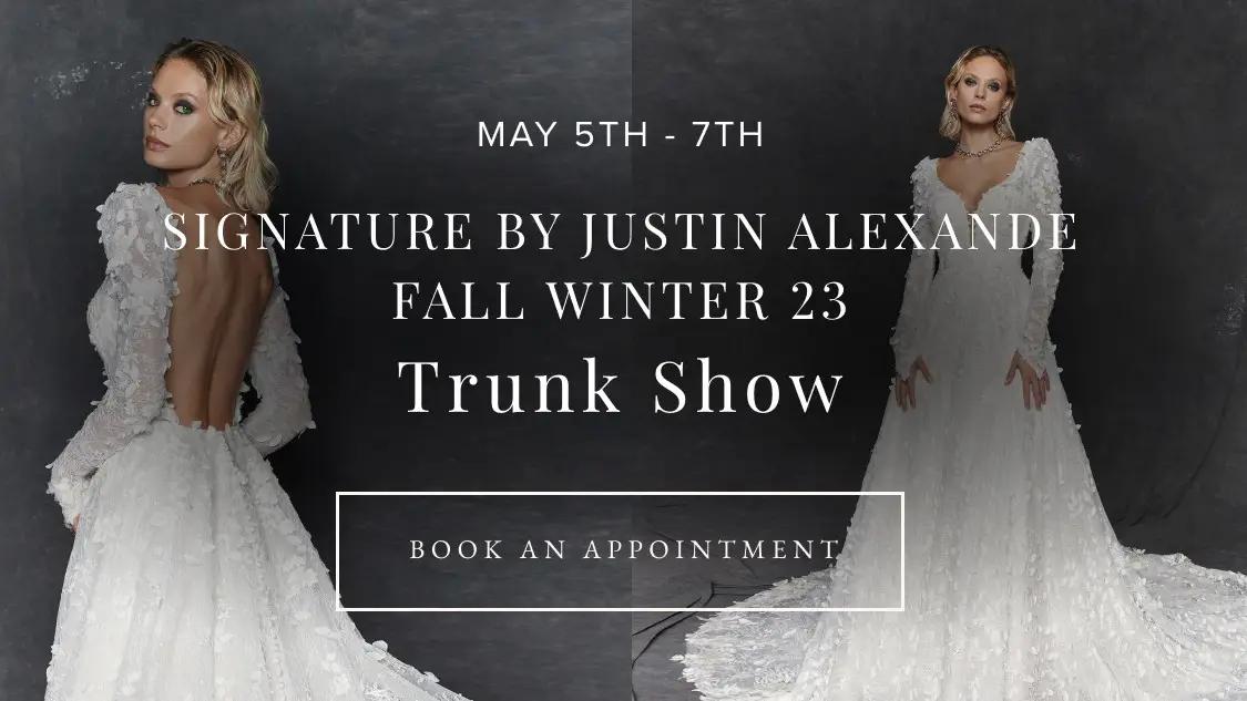 "Signature by Justin Alexander Fall Winter 23 Trunk Show" banner for mobile